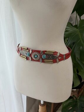 Boho Western Turquoise Concho Belt Red Leather Multi Strand 39”